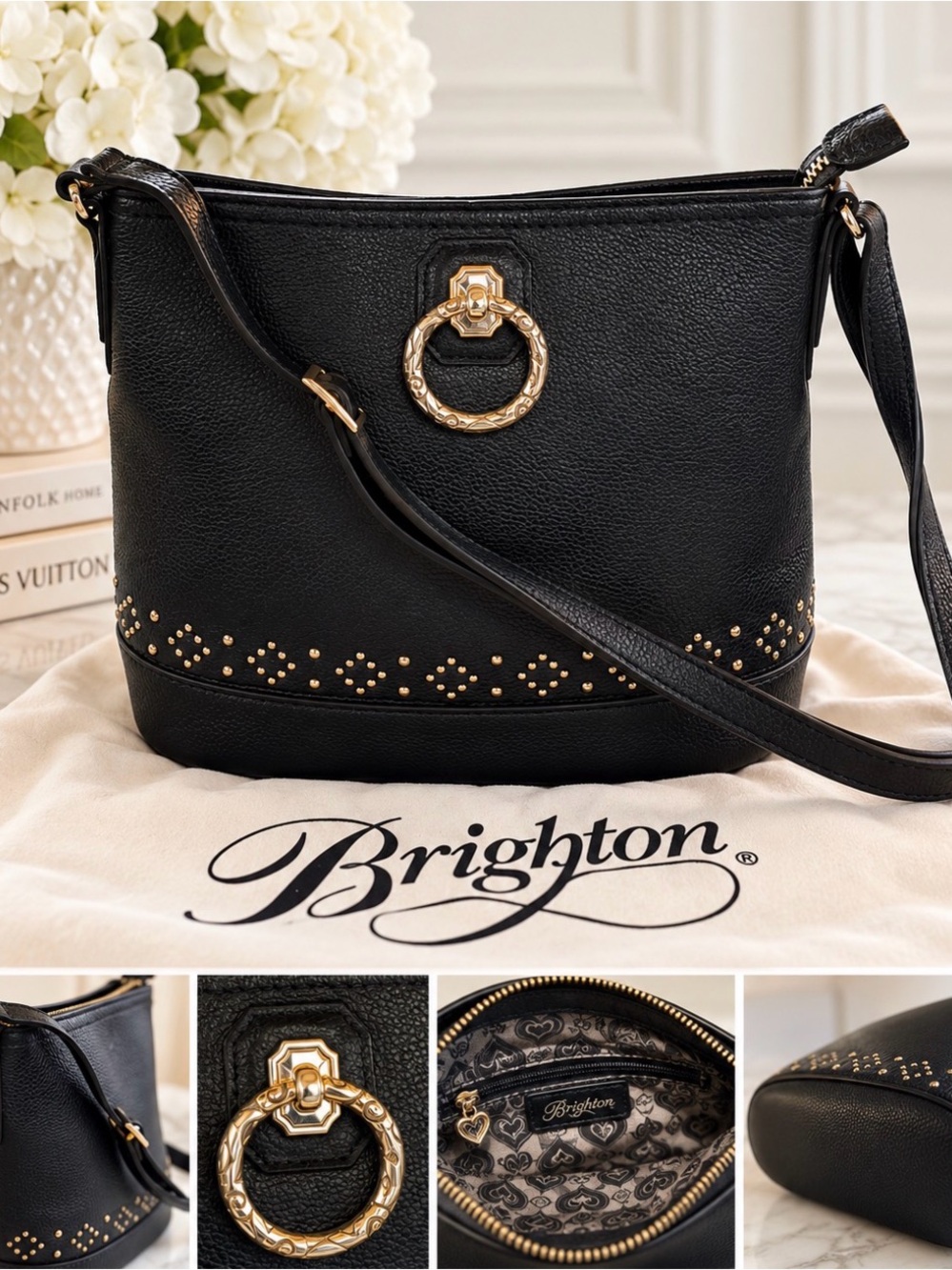 Brighton Black Pebbled Leather Studded Crossbody Shoulder Bag NWT Condition